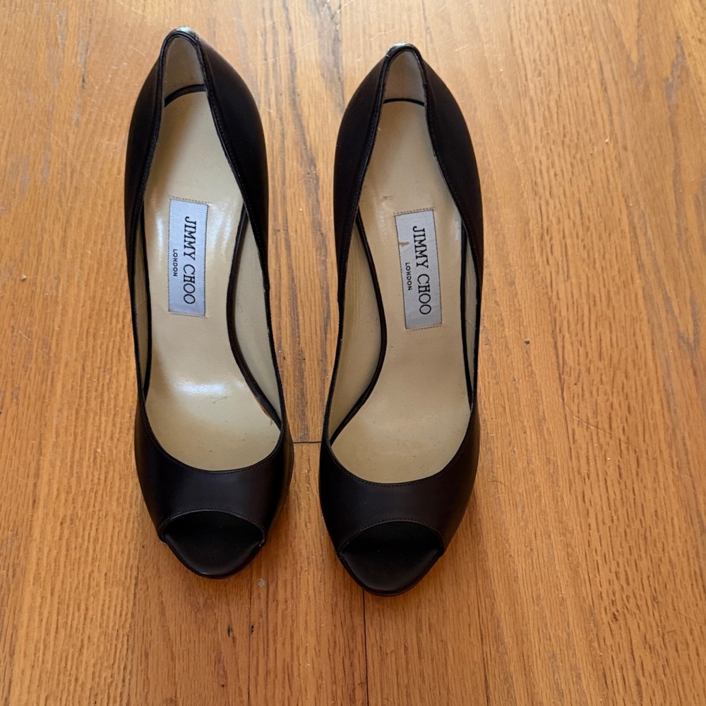 Jimmy Choo Dark Brown Leather Peep-Toe Heels - Picture 2 of 4